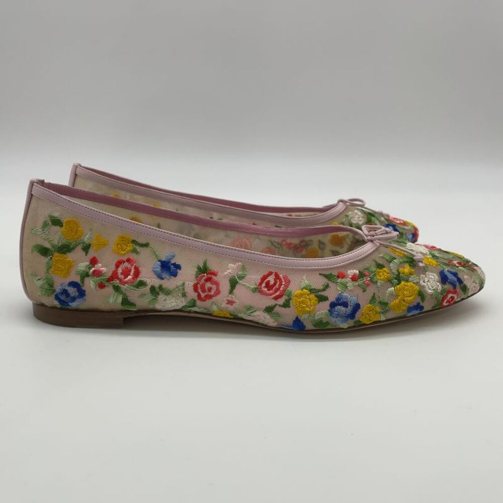Manolo Blahnik Floral Embroidered Pink Trim Ballet Flats - Picture 2 of 6